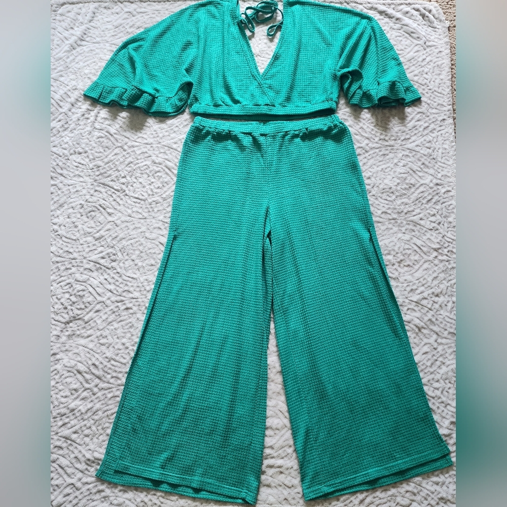 VENUS Women's Swimsuit Waffle Knit Cover-Up Pants And Top Set Sz XL Green - Picture 3 of 15